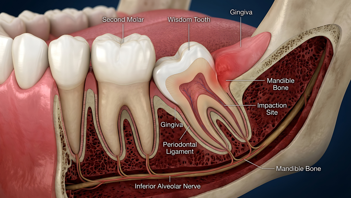Anatomical cross-section diagram showing a wisdom tooth impacted against the second molar, with labels for the gingiva, mandible bone, periodontal ligament, and inferior alveolar nerve