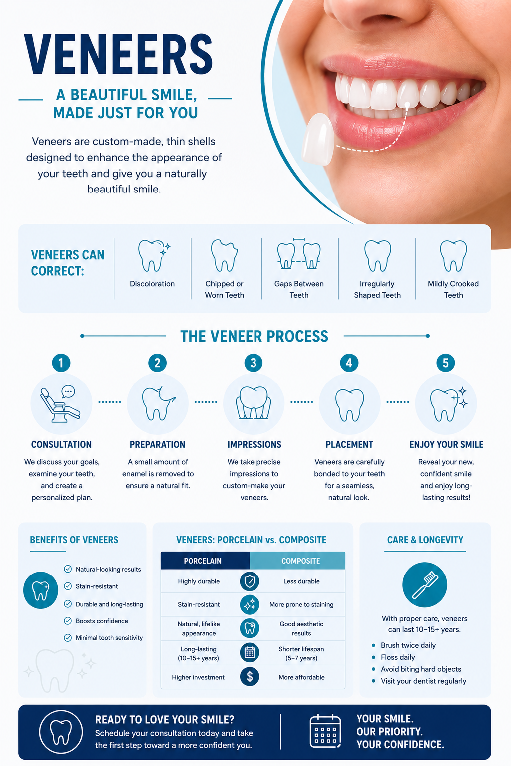 Infographic explaining what veneers correct, the five-step veneer process, benefits, porcelain vs composite comparison, and care and longevity