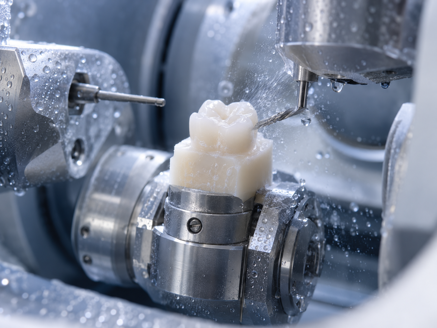 Same-day ceramic crown being color-matched and milled with CAD CAM technology at our Orange County dental office