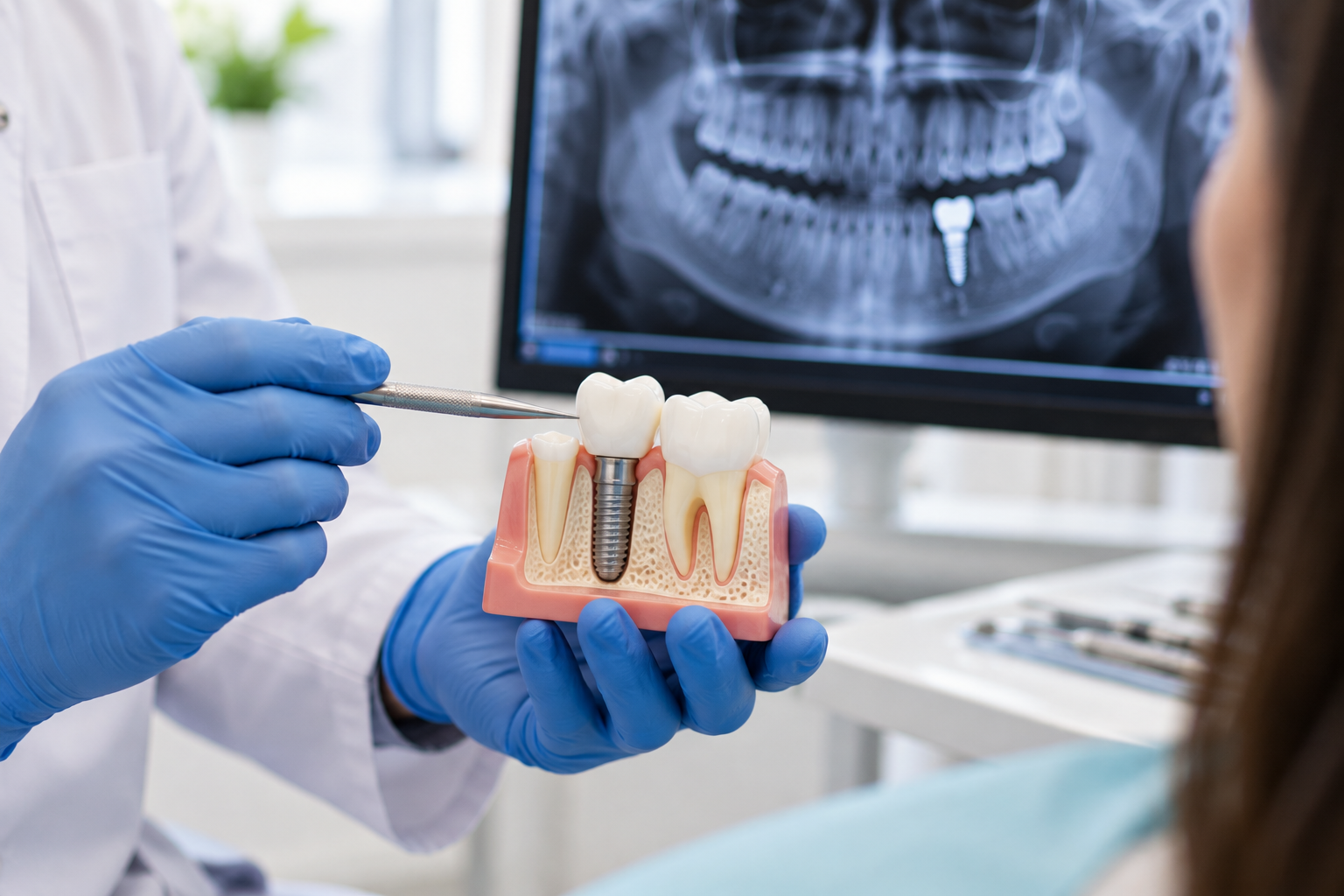 Dentist reviewing a dental implant treatment plan and jaw X-ray with a patient at our Costa Mesa office