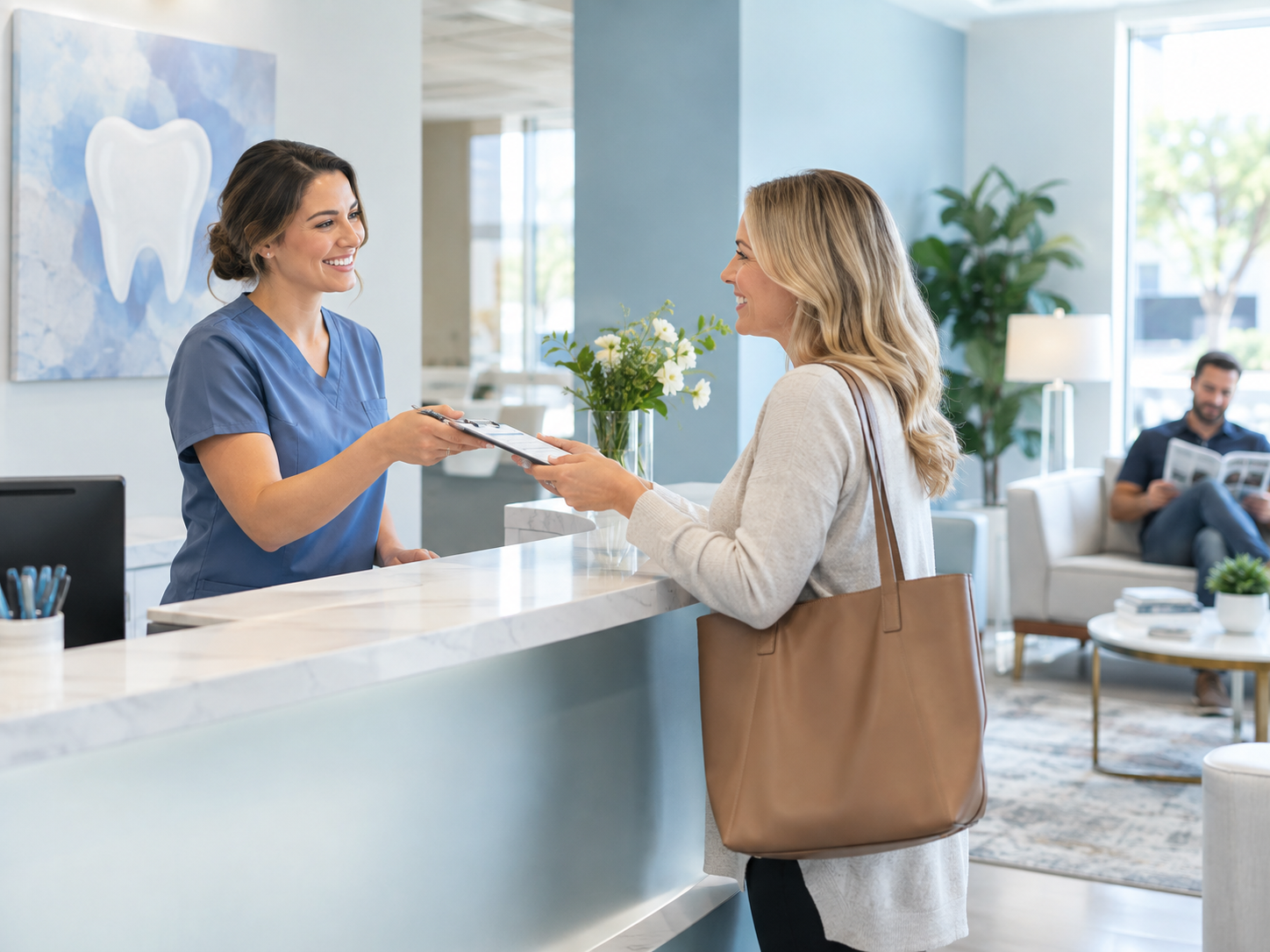 Dentist welcoming a patient for a new patient exam at our office near Newport Beach
